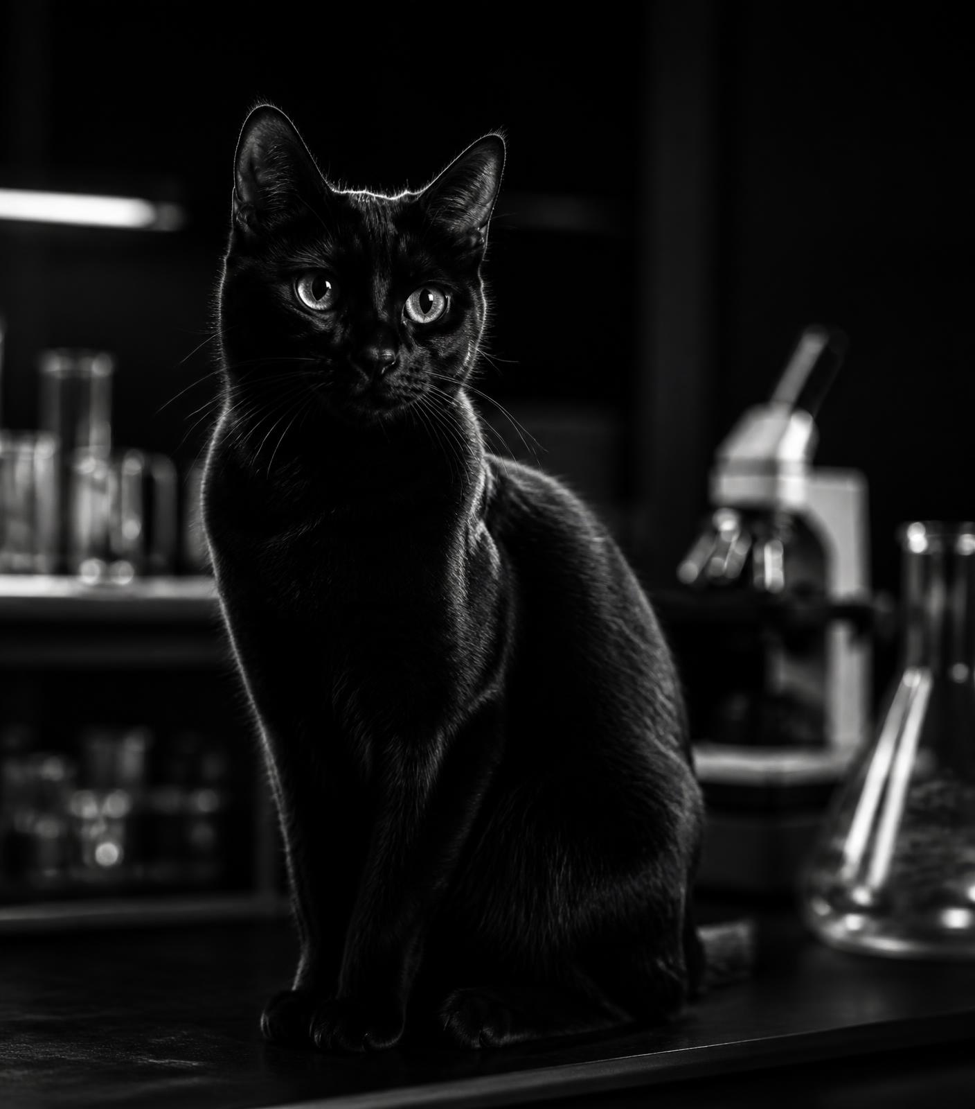 A black cat sitting on a laboratory bench beside glassware and a microscope